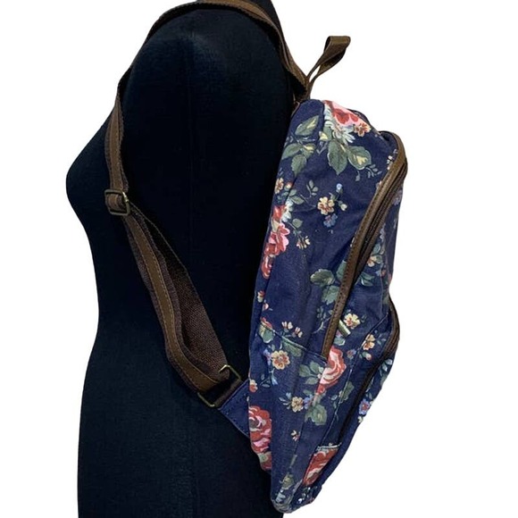 Navy Blue Pink Floral Faux Leather Trimmed Machine Washable Backpack Book Bag - Picture 2 of 6
